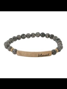 Blessed Grey-Bead Stretch Bracelet with Gold Accent